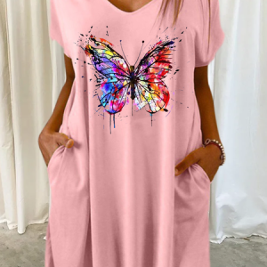 Women's Loose Casual Butterfly V Neck Dress, Dresses, Lilicloth.com