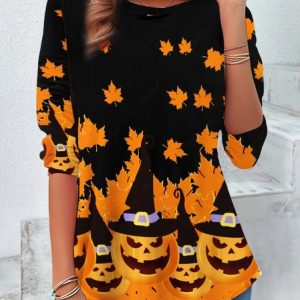 Women's Long Sleeve Tee T-shirt Spring/Fall Halloween (pumpkin) Jersey Crew Neck Daily Going Out Vintage Top, JustFashionNow T-Shirts, color:Orange|size:XXL