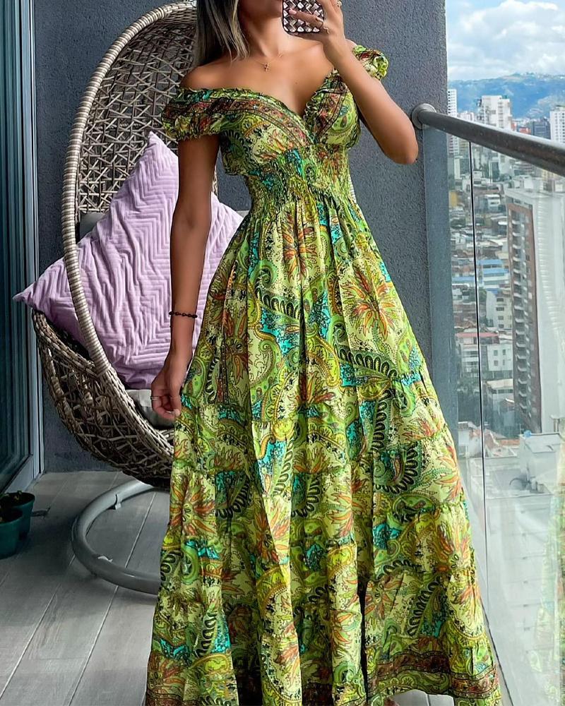Paisley Print Shirred Short Sleeve Dress, women Print Dresses, ChicMe catalog