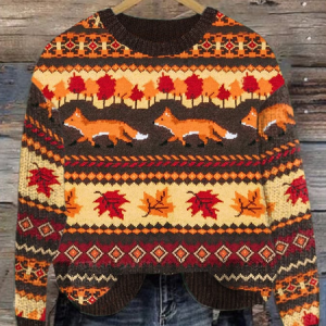 Women's The Fox and Foliage Casual Round Neck Print Knitted Sweater, Sweaters, Lilicloth.com