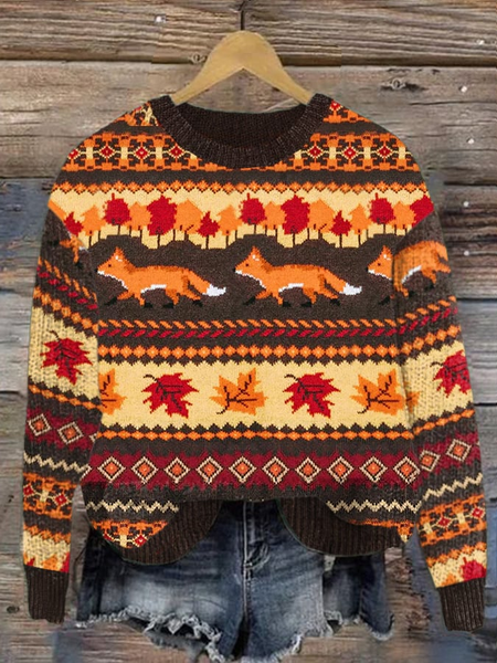 Women's The Fox and Foliage Casual Round Neck Print Knitted Sweater, Sweaters, Lilicloth.com