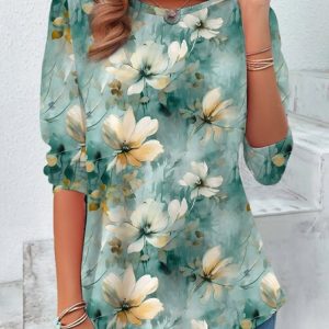 Women's Long Sleeve Tee T-shirt Spring/Fall Floral Printing Jersey Crew Neck Daily Going Out Vintage Top, JustFashionNow T-Shirts, color:Green|size:XXL,