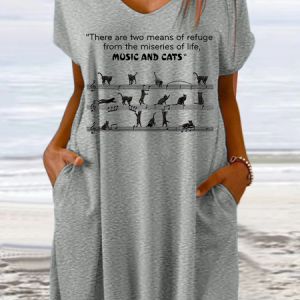 Women's Music And Cats There Are Two Means Of Refuge From The Miseries Of Life Loose Casual Cat V Neck Dress, Dresses, Lilicloth.com
