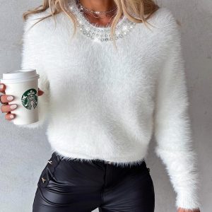 Rhinestone Studded Fuzzy Knit Sweater, Sweaters & Cardigans, ChicMe catalog
