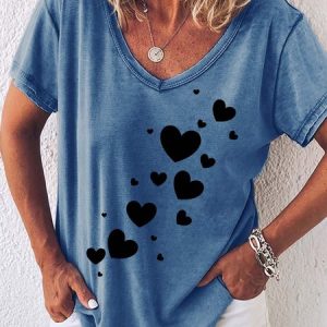 Women Cordate Love Printing Cotton-Blend Casual V Neck T-Shirt, T-shirts, Lilicloth.com