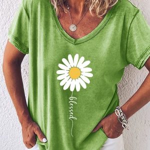 Be Kind Flower Daisy V Neck Boho Floral Short sleeve tops, T-shirts, Lilicloth.com