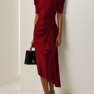 Women's Short Sleeve Summer Plain Asymmetric Dress Crew Neck Holiday Going Out Urban Midi H-Line Hip Skirt, JustFashionNow Dresses, color:Wine Red|size:XXL,