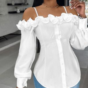Ruffle Hem Buttoned Off Shoulder Top, Blouses & Shirts, ChicMe catalog