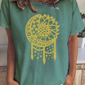 Sunflower Print Crew Neck Short Sleeve T-Shirt, T-shirts, Lilicloth.com