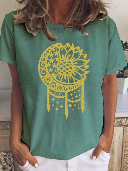 Sunflower Print Crew Neck Short Sleeve T-Shirt, T-shirts, Lilicloth.com