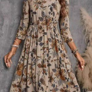 Women's Long Sleeve Spring/Fall Floral Dress Crew Neck Daily Going Out Casual Midi H-Line, JustFashionNow Dresses, color:Khaki|size:XL,