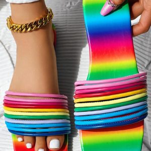 Rainbow Stripe Open Toe Slippers, Slippers, ChicMe catalog