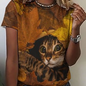 WomenвЂ™s Cat Falling Leaves Pattern Casual Animal Loose T-Shirt, T-shirts, Lilicloth.com