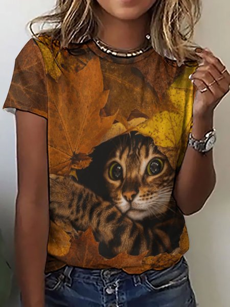 Women’s Cat Falling Leaves Pattern Casual Animal Loose T-Shirt, T-shirts, Lilicloth.com