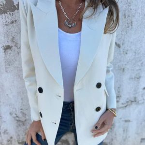 Women's Spring/Fall Outerwear Urban Plain Long Sleeve Shawl Collar Mid-long Blazer, JustFashionNow Blazers, color:Ivory|size:3XL,