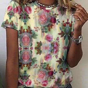 Vintage Floral Print Short Sleeve T-Shirt, T-shirts, Lilicloth.com