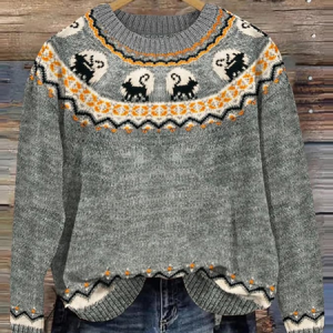 Women's Casual Round Neck Print Knitted Sweater, Sweaters, Lilicloth.com