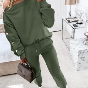 2PCS Skew Neck Buttoned Sweatshirt & Cuffed Pants Set, Two-piece Sets, ChicMe catalog