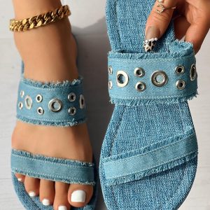 Raw Hem Eyelet Double Strap Slippers, women Slippers, ChicMe catalog