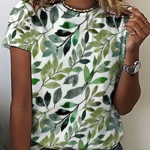 Casual Simple Leaf Print Crew Neck T-Shirt, T-shirts, Lilicloth.com