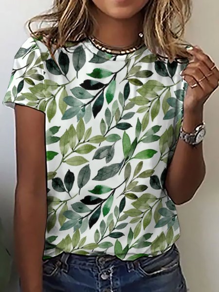 Casual Simple Leaf Print Crew Neck T-Shirt, T-shirts, Lilicloth.com