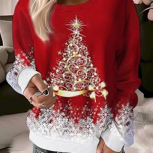 Women's Crew Neck Christmas Tree Printing Vintage Spring/Fall Long Sleeve Sweatshirt, JustFashionNow Sweatshirts & Hoodies, color:Red|size:XXL,