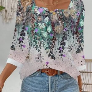 Women's Three Quarter Sleeve Tee T-shirt Spring/Fall Floral Cotton Notched Daily Going Out Casual Top flower, JustFashionNow T-Shirts, color:flower|size:XXL,