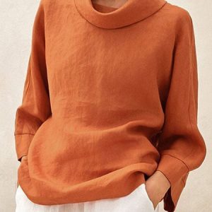 Women's Long Sleeve Blouse Spring/Fall Plain Cotton And Linen Mock Neck Daily Going Out Casual Top Orange, JustFashionNow Shirts & Blouses, color:Orange|size:XXL,