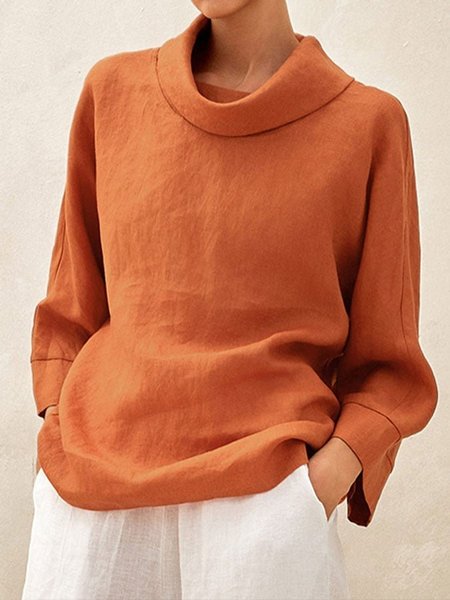 Women's Long Sleeve Blouse Spring/Fall Plain Cotton And Linen Mock Neck Daily Going Out Casual Top Orange, JustFashionNow Shirts & Blouses, color:Orange|size:XXL,