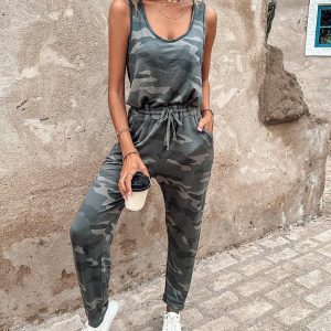 Camouflage Print Sleeveless Drawstring Jumpsuit, Jumpsuits, ChicMe catalog