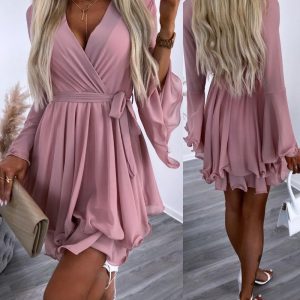 V-Neck Bell Sleeve Pleated Layered Dress, women Casual Dresses, ChicMe catalog