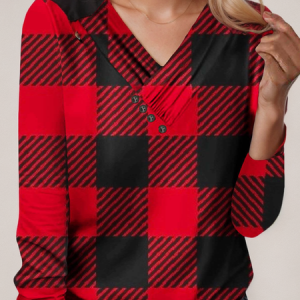 Women's Long Sleeve Blouse Spring/Fall Plaid Cross Neck Daily Going Out Casual Top, JustFashionNow Shirts & Blouses, color:Red|size:XXL,