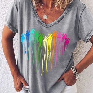 Womens Colorful Paw Print Crew Neck T-Shirt, T-shirts, Lilicloth.com