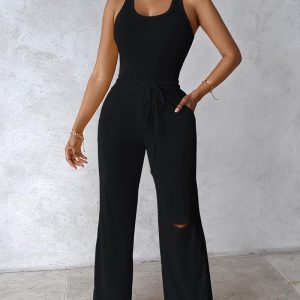 U-Neck Bodysuit & Drawstring Cutout Wide Leg Pants Set, Two-piece Sets, ChicMe catalog