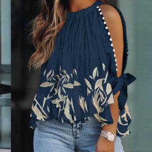 Plants Print Beaded Decor Split Sleeve Top, Blouses & Shirts, ChicMe catalog