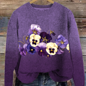 Women's Alzheimer's Purple Floral Print Crew Neck Loose Sweater, Sweaters, Lilicloth.com