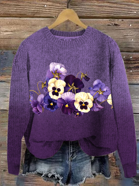Women's Alzheimer's Purple Floral Print Crew Neck Loose Sweater, Sweaters, Lilicloth.com