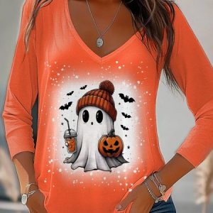 Women's Long Sleeve Tee T-shirt Spring/Fall Halloween Jersey V Neck Daily Going Out Casual Top, JustFashionNow Tops, color:Orange|size:XXL,