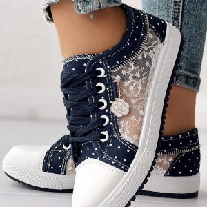 Floral Pattern Embroidery Dot Print Lace-Up Sneakers, women Sneakers, ChicMe catalog