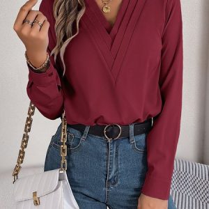 V Neck Long Sleeve Plain Regular Loose Blouse For Women, Blouses, color:Wine Red|size:XL, catalog Noracora shop