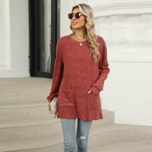 Women's Long Sleeve Blouse Spring/Fall Plain Pocket Stitching Crew Neck Daily Going Out Casual Top, JustFashionNow Shirts, color:Caramel|size:XXL,