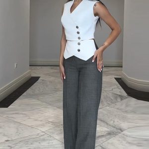 2PCS Button Decor Vest Crop Top & Colorblock Straight Leg Pants Set, Two-piece Sets, ChicMe catalog