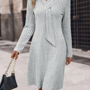 Women's Long Sleeve Spring/Fall Plain Cross Knitted Dress V Neck Daily Going Out Casual Midi H-Line T-Shirt Dress Gray, JustFashionNow Dresses, color:Gray|size:XL,