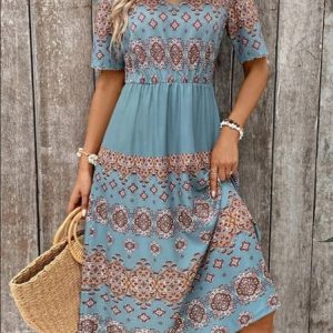 Women's Short Sleeve Summer Ethnic Knitted Dress Crew Neck Daily Going Out Ethnic Midi H-Line, JustFashionNow Dresses, color:Blue|size:3XL,