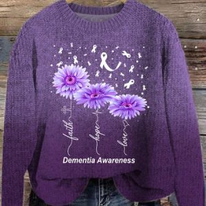 Women's Faith Hope Love Alzheimer's Awareness Print Crew Neck Knitted Casual Sweater, Sweaters, Lilicloth.com