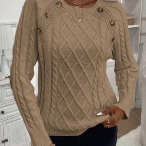 Women Yarn/Wool Yarn Plain Long Sleeve Comfy Casual Buckle Sweater, Sweaters, color:Khaki|size:L, catalog Noracora shop