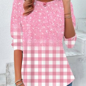 Women's Long Sleeve Tee T-shirt Spring/Fall Plaid Printing Jersey Crew Neck Holiday Going Out Vintage Top, JustFashionNow T-Shirts, color:Pink|size:XXL,
