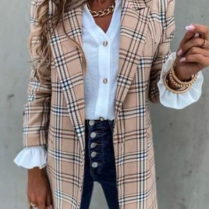 Women's Spring/Fall Outerwear Casual Plaid Long Sleeve Lapel Collar Mid-long Blazer, JustFashionNow Blazers, color:Khaki|size:3XL,