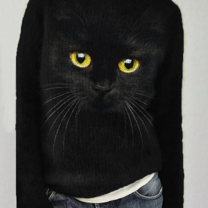 Black Cat Face Inspired Cozy Knitted Sweater, Sweaters, Lilicloth.com