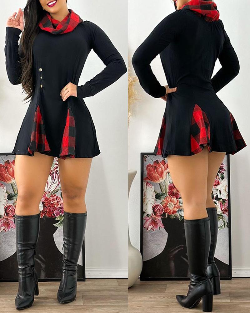 Plaid Pattern Funnel Neck Long Sleeve Casual Dress, Casual Dresses, ChicMe catalog